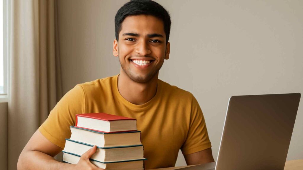 Is JEE Mains Tough? Ultimate Guide for 2026 7 Confident Indian student smiling with books and laptop, symbolising success after JEE Mains exam.