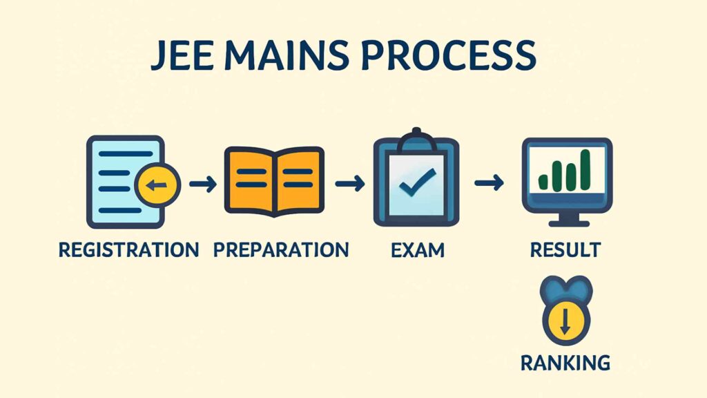 Is JEE Mains Tough? Ultimate Guide for 2026 2 Flowchart showing JEE Mains process from registration → preparation → exam → result → ranking.