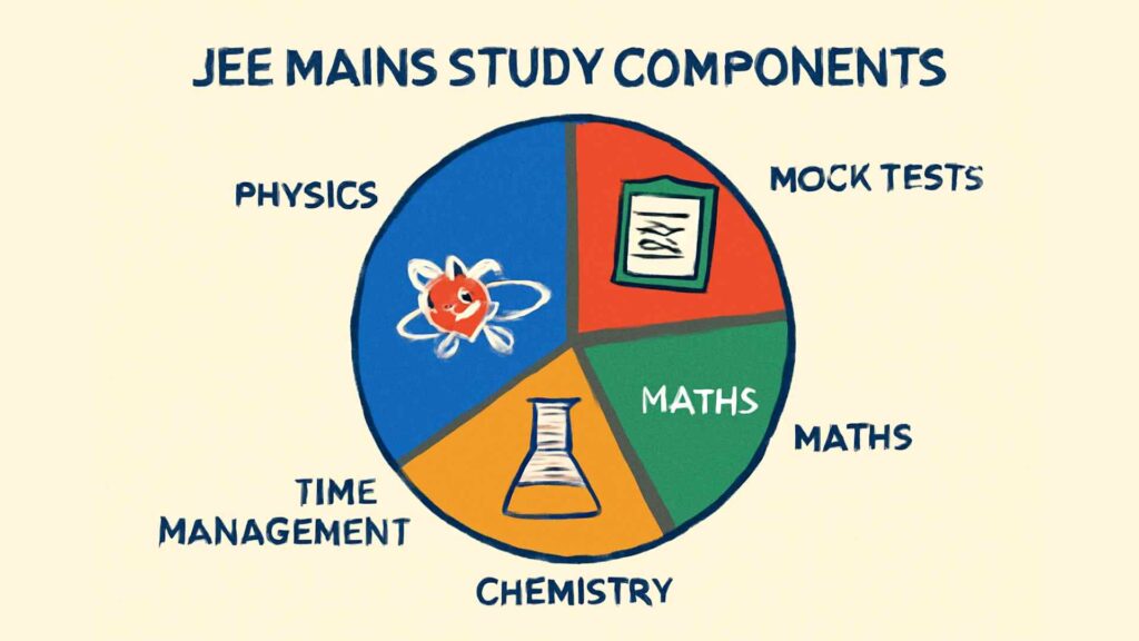 Is JEE Mains Tough? Ultimate Guide for 2026 5 Illustration showing JEE Mains study components like Physics Chemistry Maths Mock Tests and Time Management in a pie chart